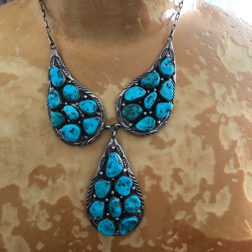 Exquisite 1970s J W Tom Navajo Bisbee Statement Necklace